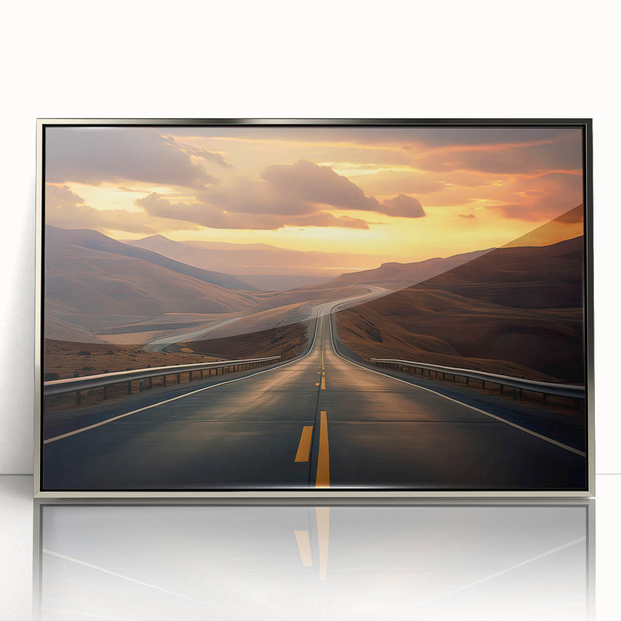 Framed acrylic wall art showcasing a serene landscape with winding roads and vibrant colors, perfect for modern home decor. Ideal for enhancing interior aesthetics.