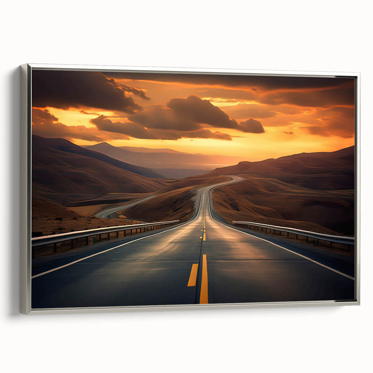 Framed canvas wall art collection showcasing a serene landscape with winding roads, elegant silver frame, perfect for enhancing modern home decor.