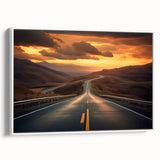 Framed canvas wall art showcasing a scenic landscape with winding roads, featuring vibrant colors and a modern design, perfect for home decor.