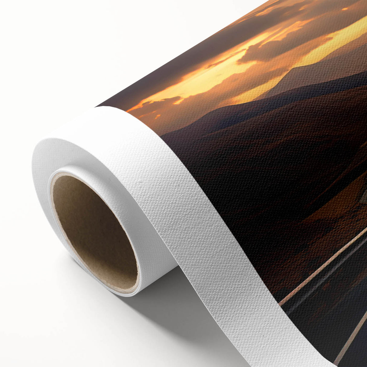 Rolled canvas showcasing a serene landscape with winding roads, rich greens, and blue skies, designed for home decor. Perfect for nature-inspired wall art.