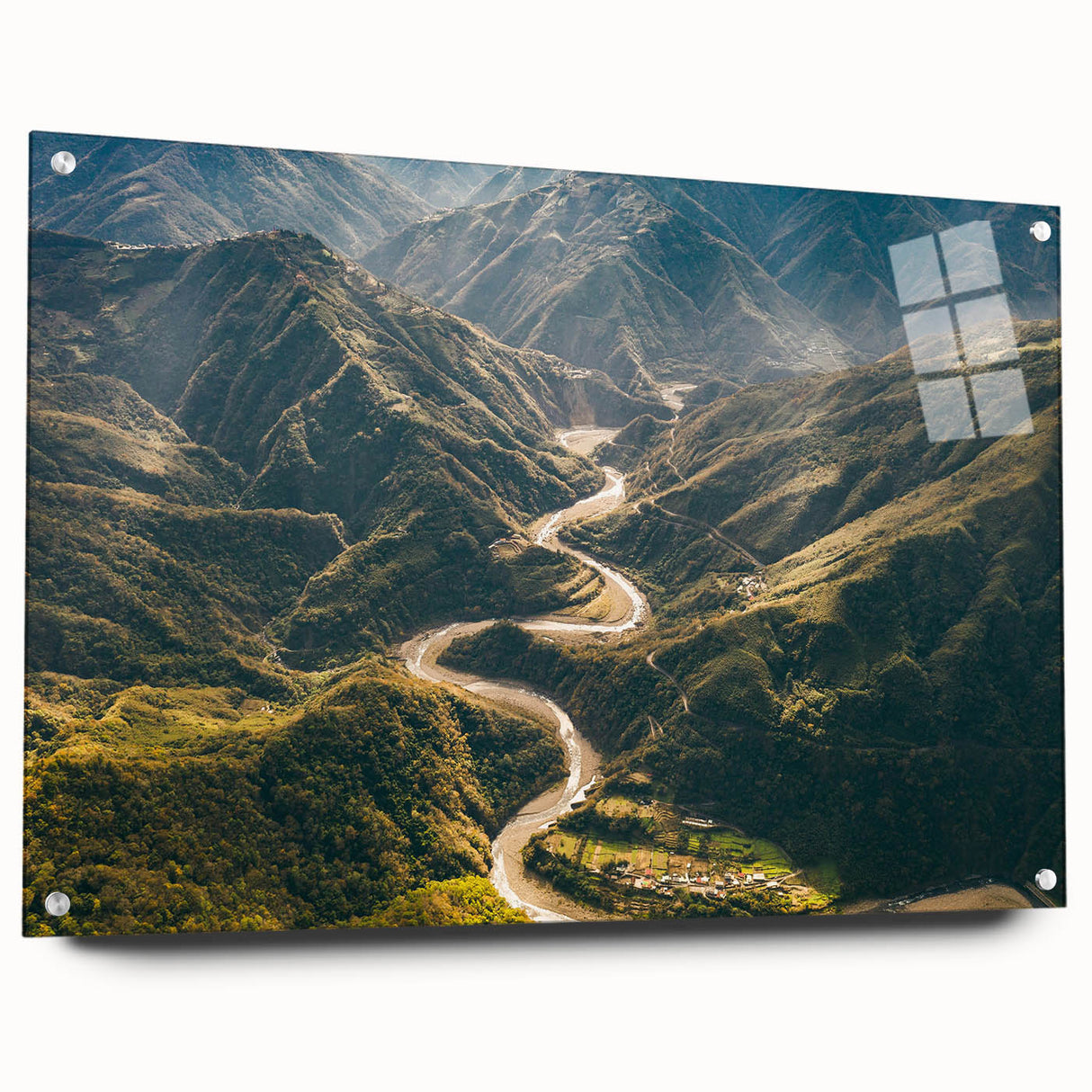 Acrylic wall art featuring a vibrant landscape design of winding roads, displayed in a side view with pins for easy mounting, perfect for modern home decor.