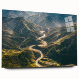 Acrylic glass wall art featuring a vibrant landscape design showcasing winding roads and lush greenery, viewed from the side without pins, perfect for modern decor.