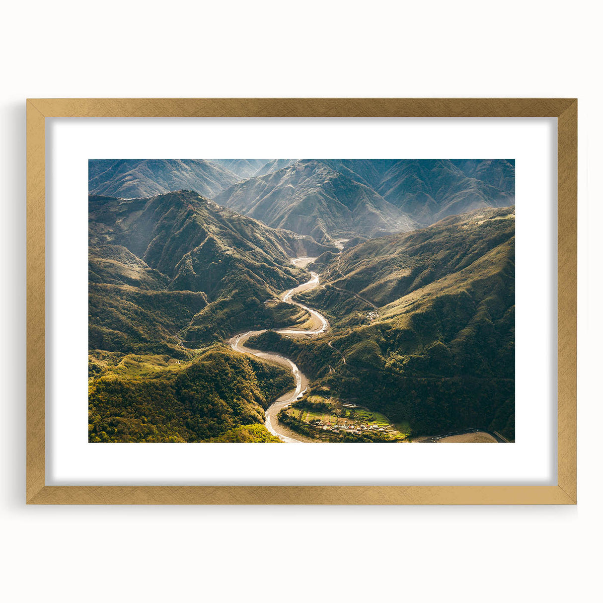 Elegant wall art featuring a framed landscape design with a gold mat, showcasing a scenic road view. Ideal for enhancing home decor and aesthetic appeal.