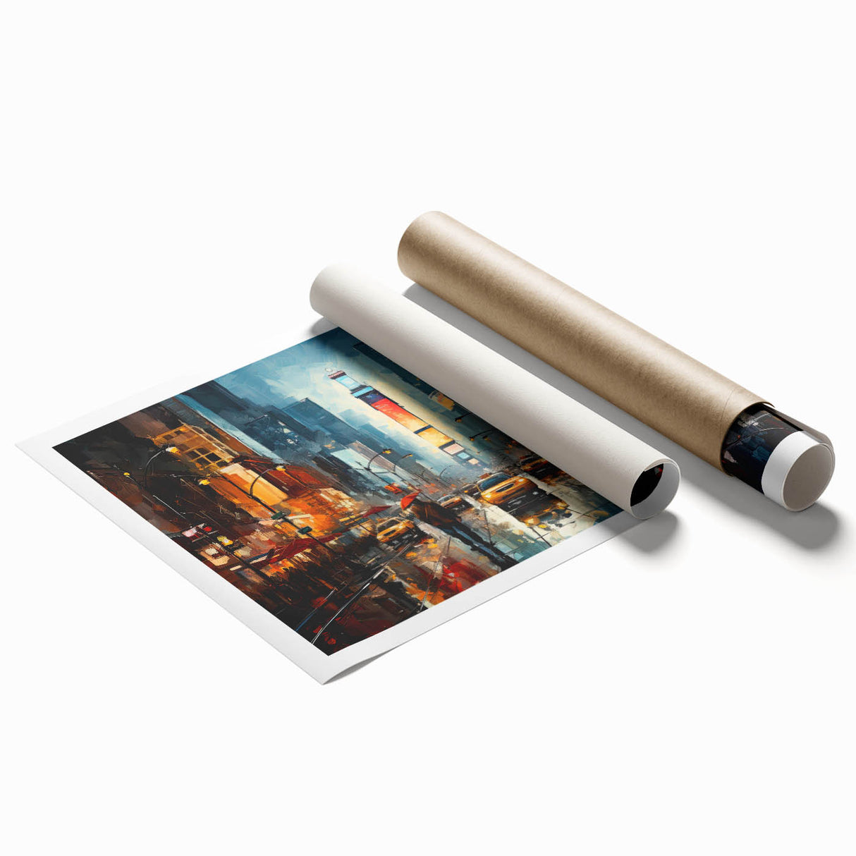 Rolled print of a vibrant landscape road design featuring lush greenery and winding paths, perfect for home decor, showcasing artistic depth and color contrast.