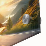 Close-up of an acrylic glass wall art piece showcasing a vibrant landscape design with winding roads, ideal for home decor or office ambiance.