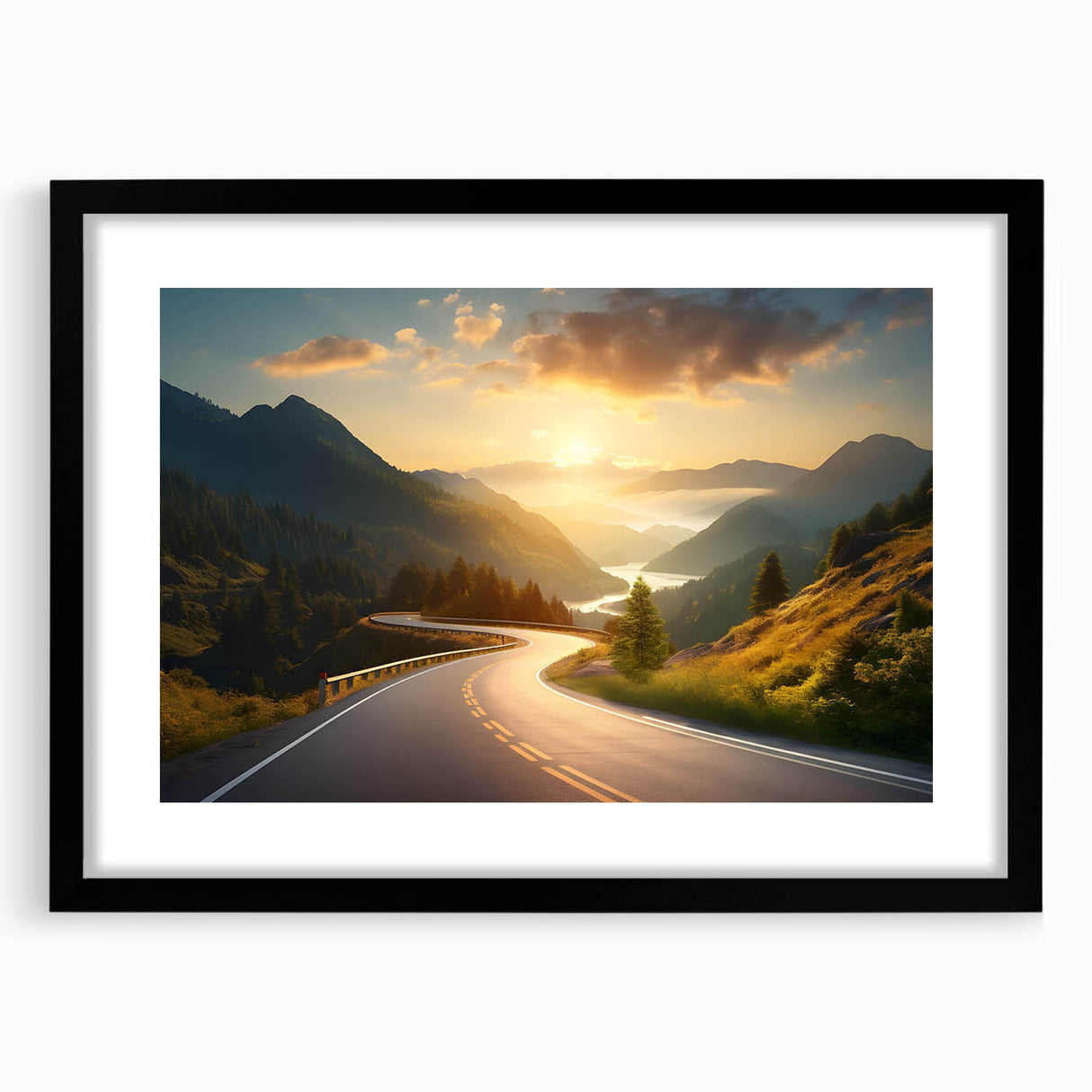 Framed wall art featuring a scenic landscape design with a black mat, showcasing a tranquil road surrounded by lush greenery, ideal for home decor.