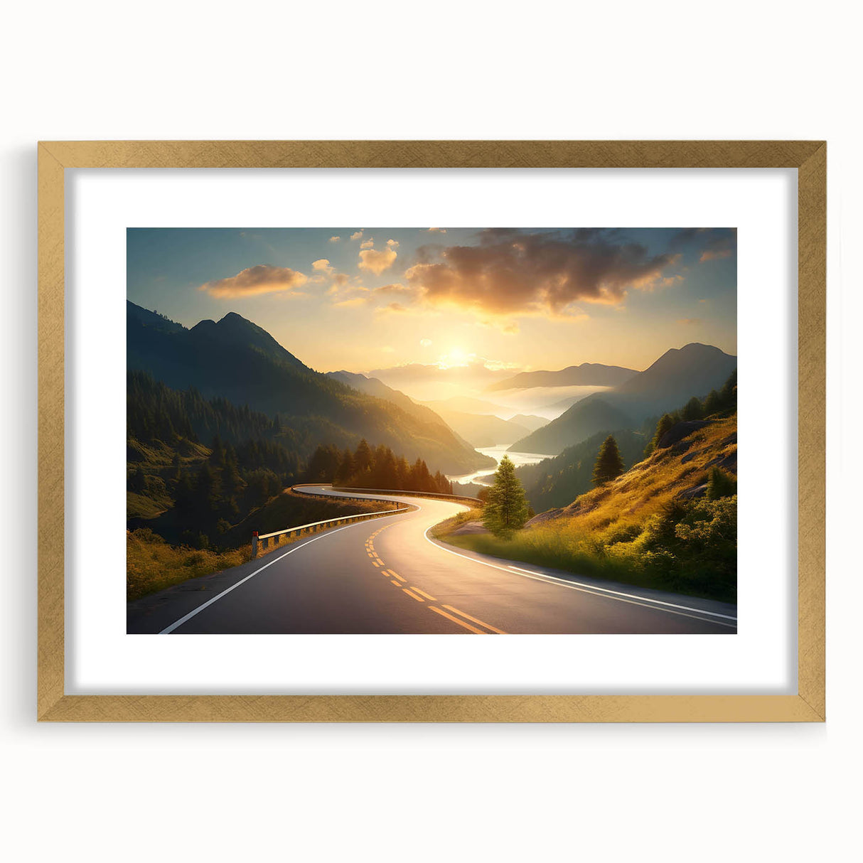 Framed wall art featuring a scenic landscape road design, elegantly matted and accented with a gold frame, ideal for home decor.
