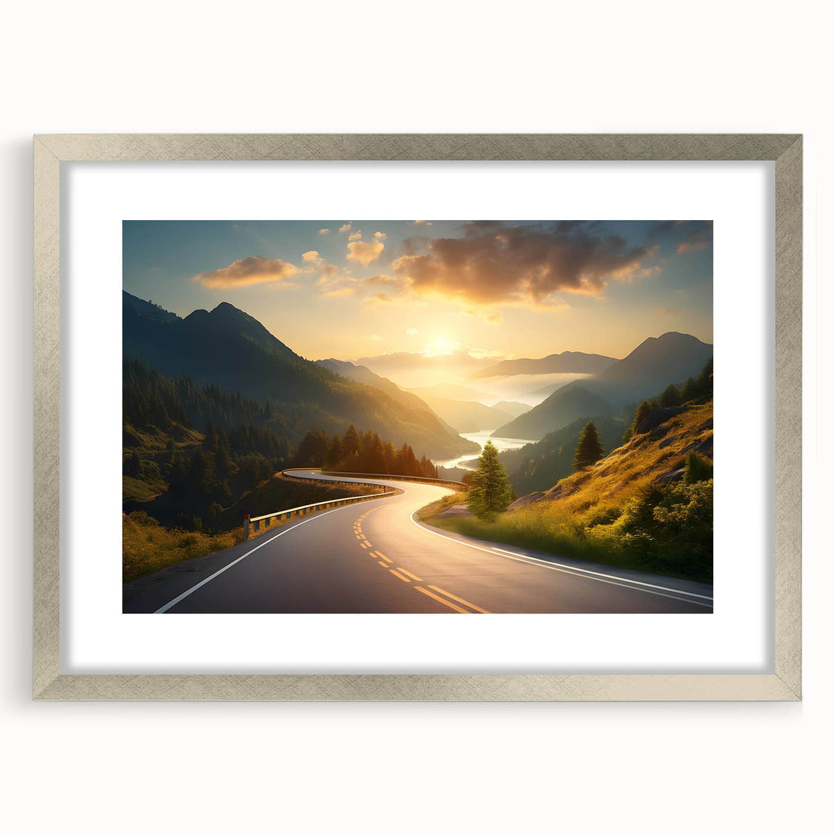 Framed wall art showcasing a scenic landscape design featuring winding roads, set in a silver frame with a white mat, perfect for modern home decor.