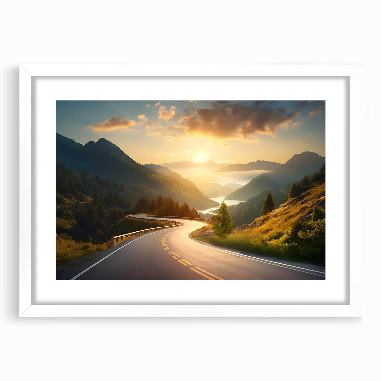 Framed landscape wall art featuring a winding road design, set in a white mat and frame, perfect for modern home decor. Ideal for enhancing living room aesthetics.