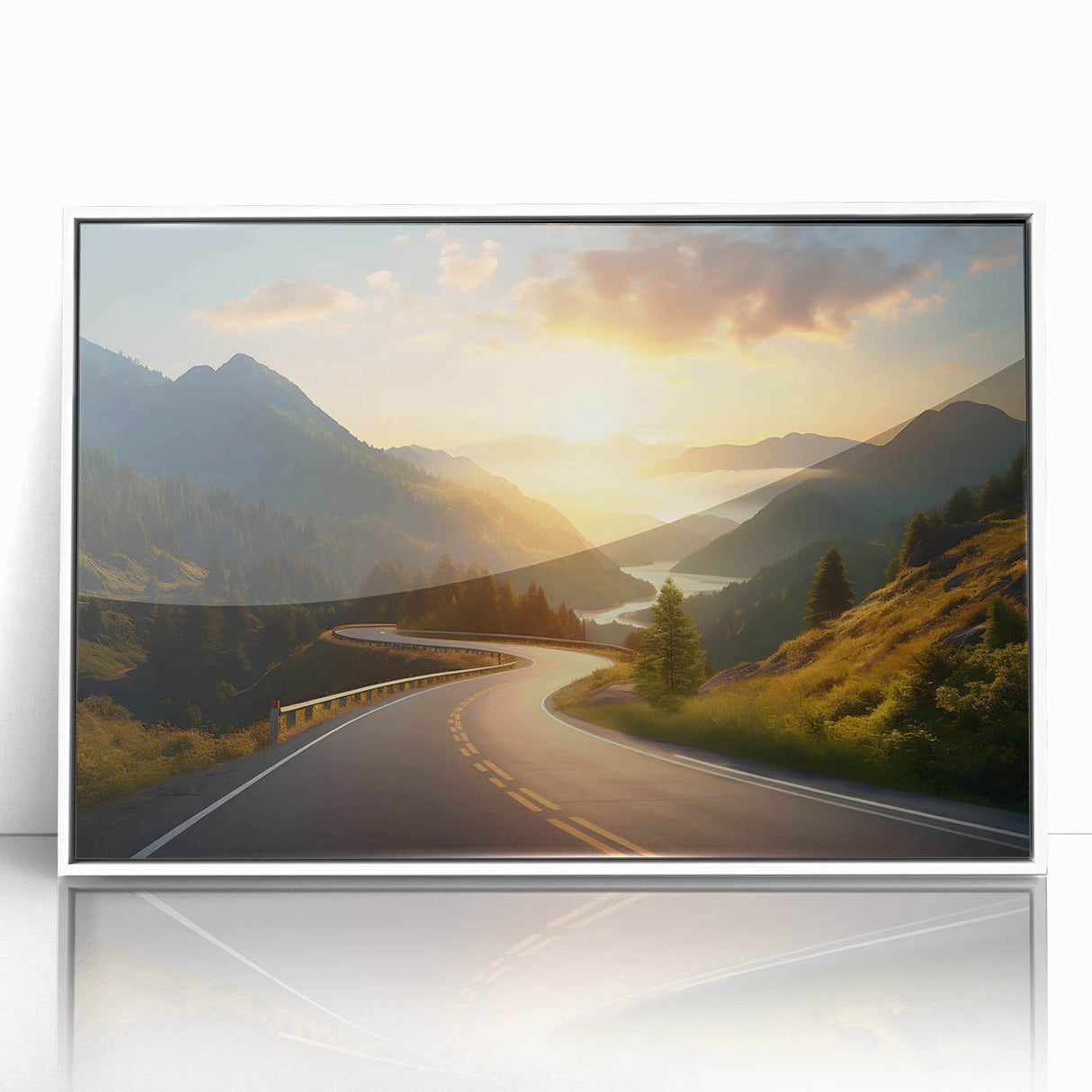 Framed wall art featuring a stunning landscape design with winding roads, presented in a sleek white frame, perfect for modern home decor.
