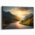 Framed canvas wall art showcasing a serene landscape with winding roads, designed in calming earth tones, perfect for enhancing modern interior decor.