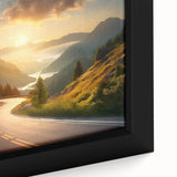 Framed canvas wall art featuring a vibrant landscape design with winding roads and lush greenery, showcasing intricate details and rich colors, perfect for home decor.