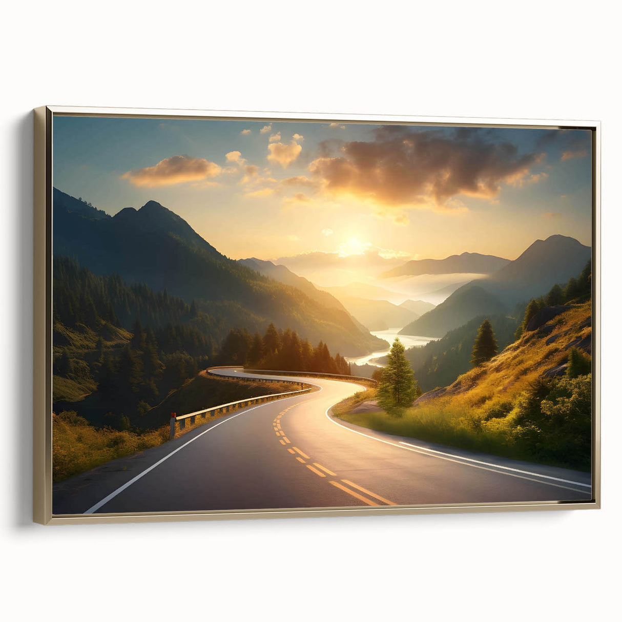 Framed canvas wall art featuring a scenic landscape with winding roads and golden hues, ideal for home decor or office settings, enhancing aesthetic appeal and tranquility.