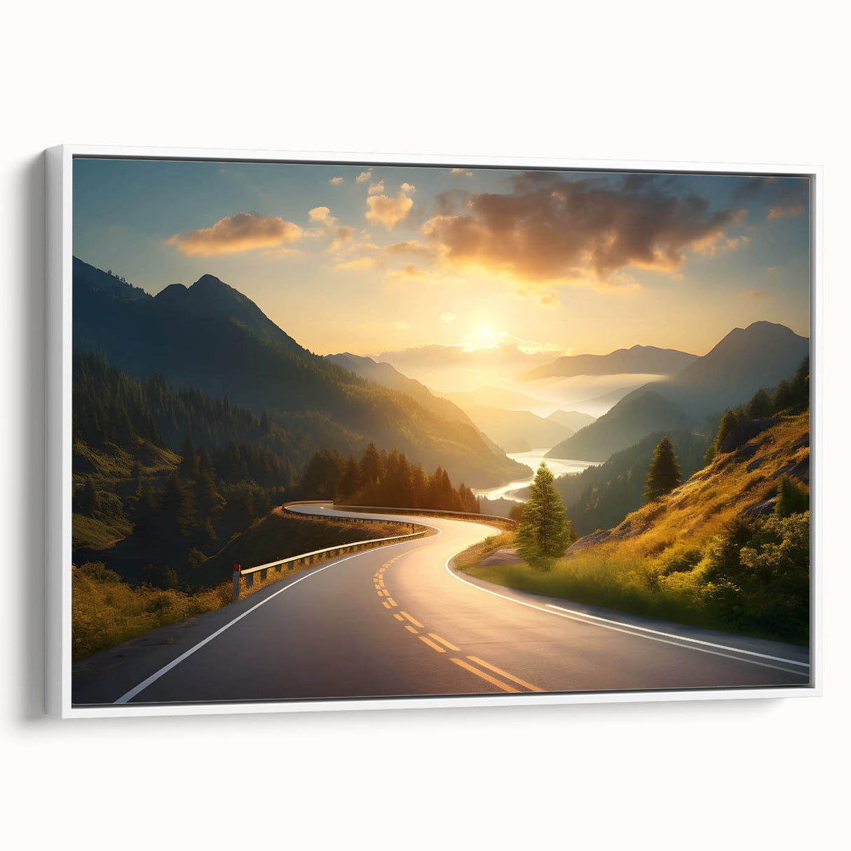 Framed canvas wall art showcasing a serene landscape road design, featuring vibrant colors and intricate details, ideal for home decor. The piece highlights a white frame, enhancing its modern aesthetic appeal.