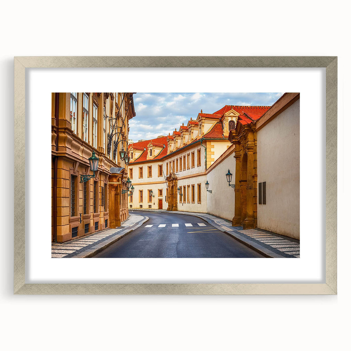 Framed silver wall art featuring a scenic landscape with winding roads, designed for modern interiors. The artwork is elegantly matted, enhancing its aesthetic appeal.