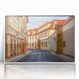 Framed acrylic wall art featuring a serene landscape with winding roads, presented in a sleek white frame. Ideal for modern home decor, adding a touch of tranquility.