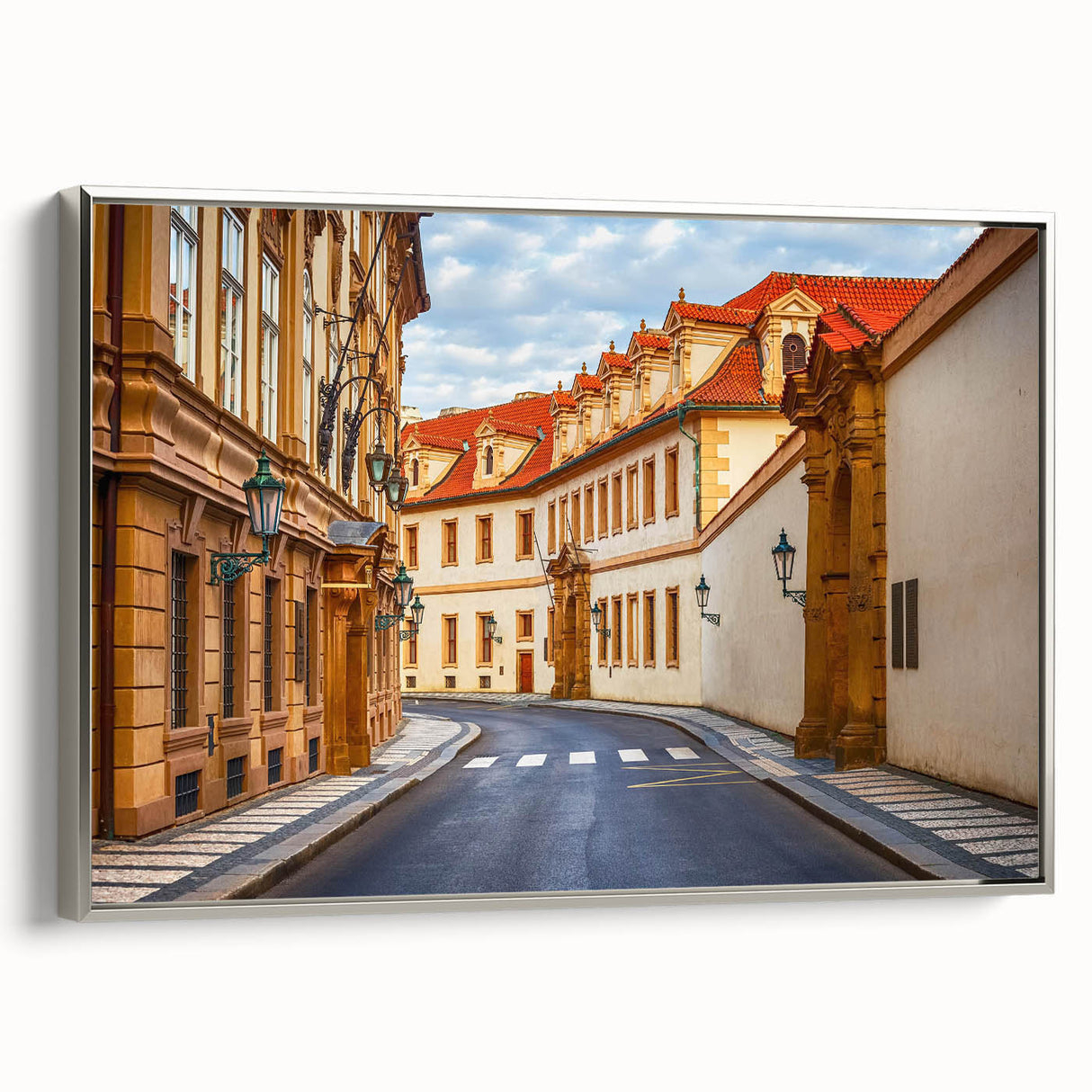 Framed canvas wall art of a serene landscape road design, featuring vibrant colors and silver accents, ideal for home decor and interior design aesthetics.