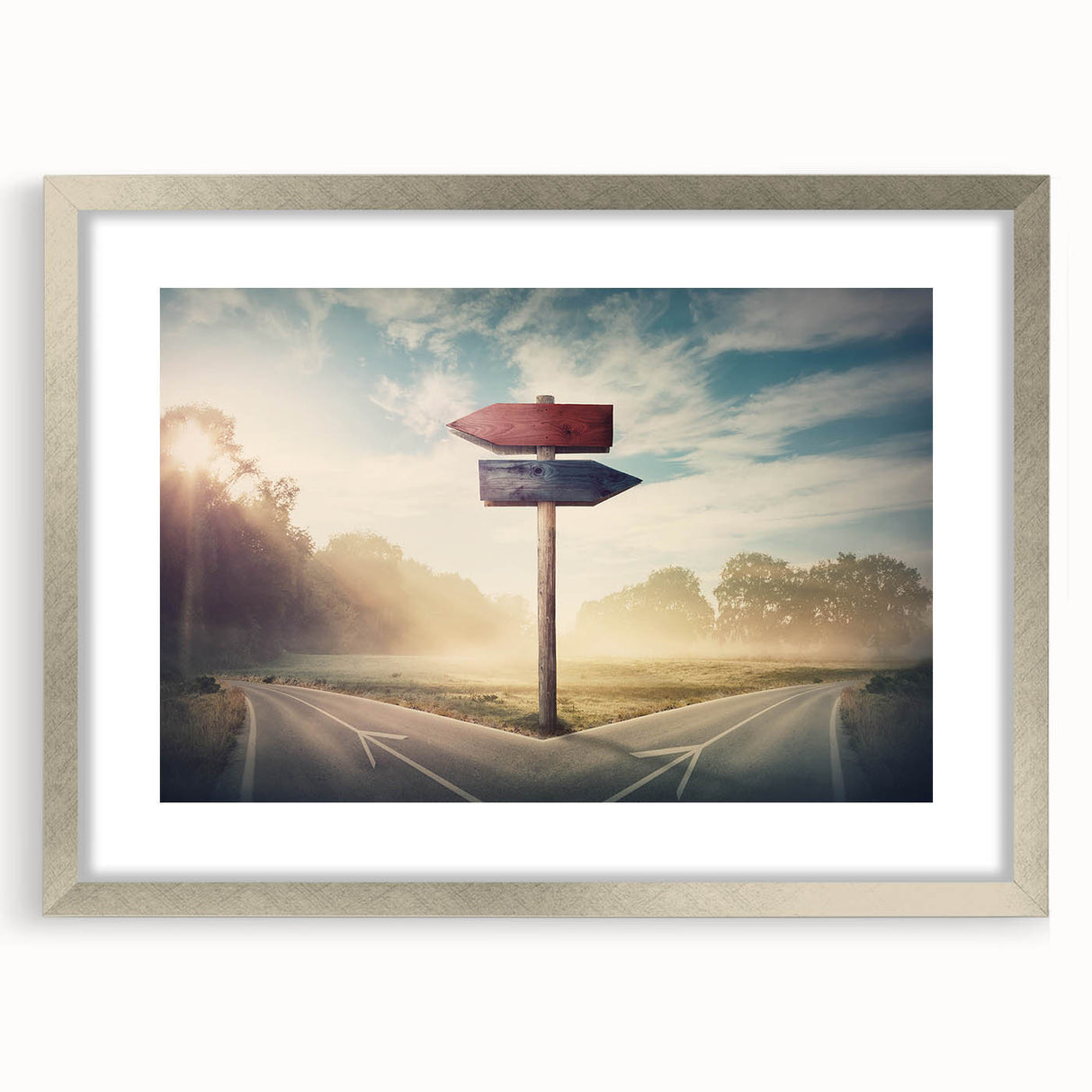 Framed wall art collection depicting serene landscapes and winding roads, showcasing a silver mat and sleek design that enhances modern decor aesthetics.