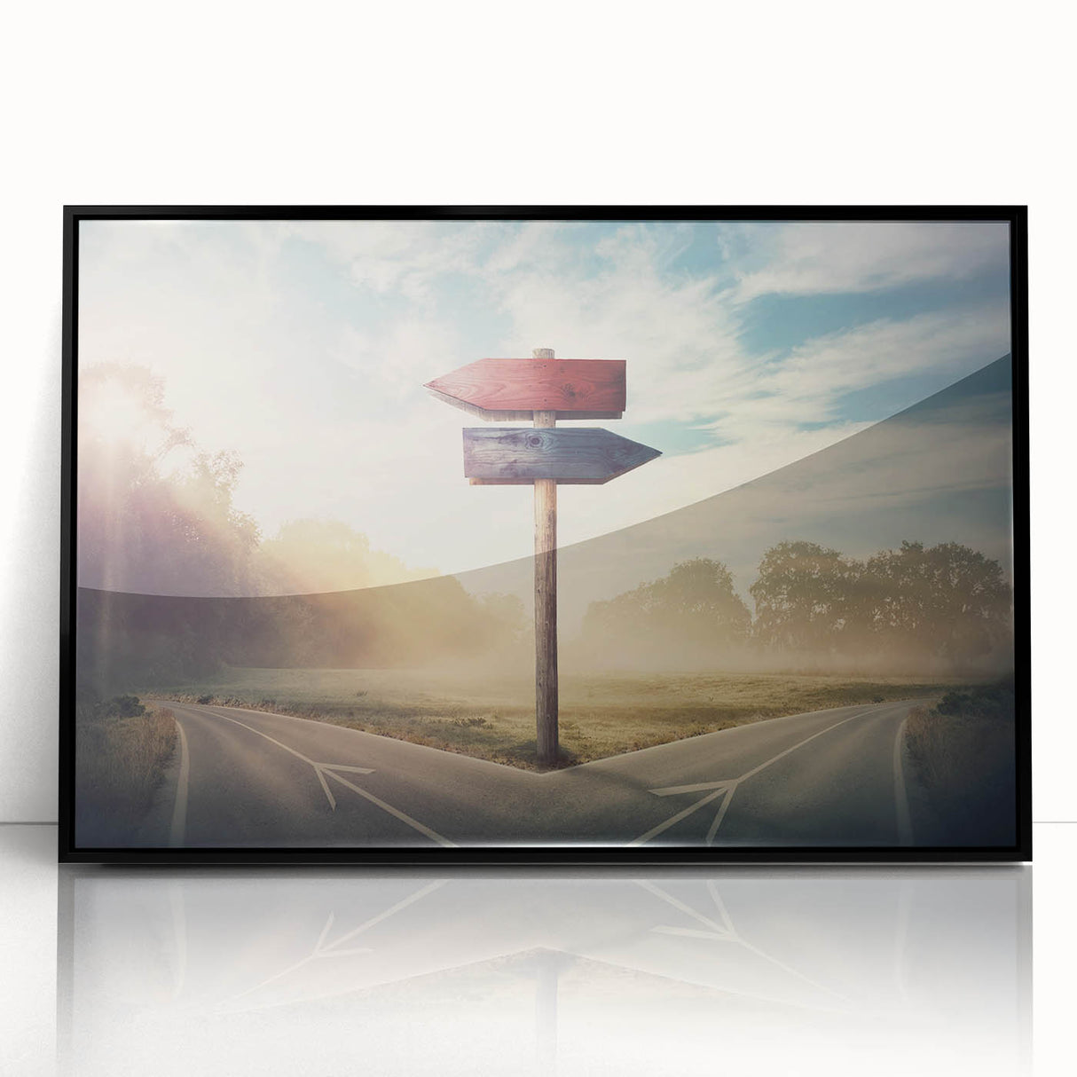 Framed acrylic wall art featuring a stunning landscape design of winding roads and vibrant greenery, showcased in a sleek black frame, ideal for modern home decor.