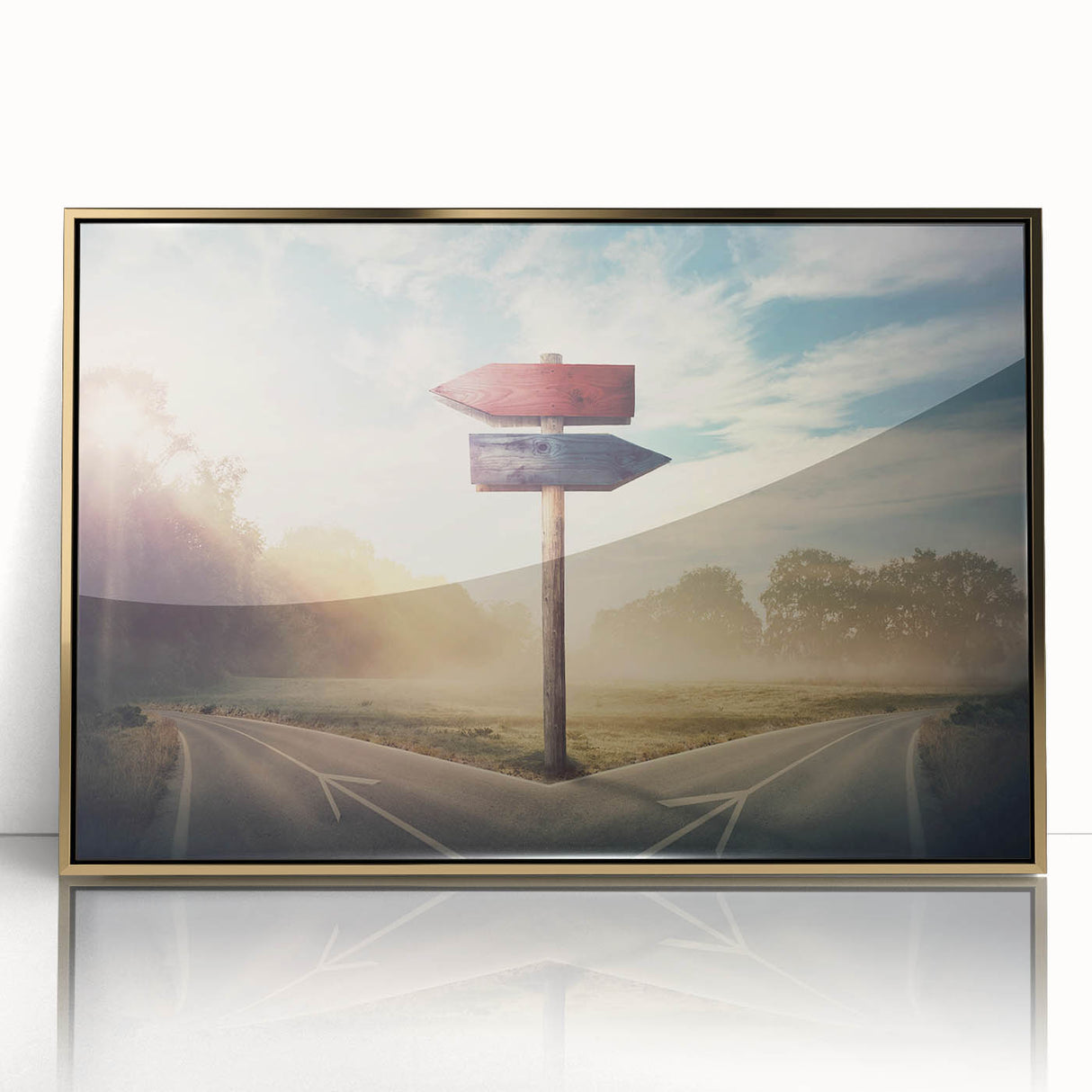 Framed wall art featuring a stunning landscape with winding roads and vibrant colors, showcased in an elegant gold frame, perfect for home decor enhancement.