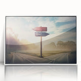 Framed acrylic wall art showcasing a serene landscape with winding roads, presented in a sleek white frame. Perfect for modern home decor.