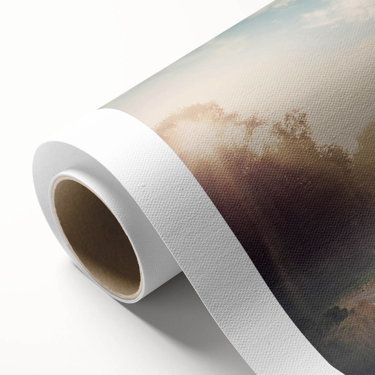 Rolled canvas artwork showcasing a serene landscape with winding roads, vibrant colors, and intricate details, perfect for enhancing home decor.