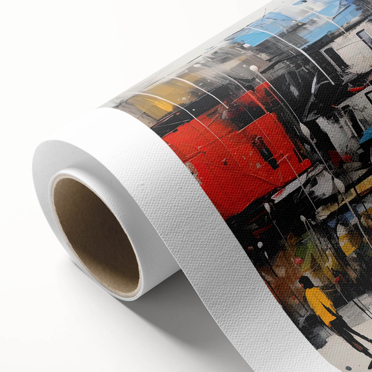 Rolled canvas artwork showcasing a vibrant landscape road design, featuring rich colors and intricate details, ideal for home decor and artistic display.