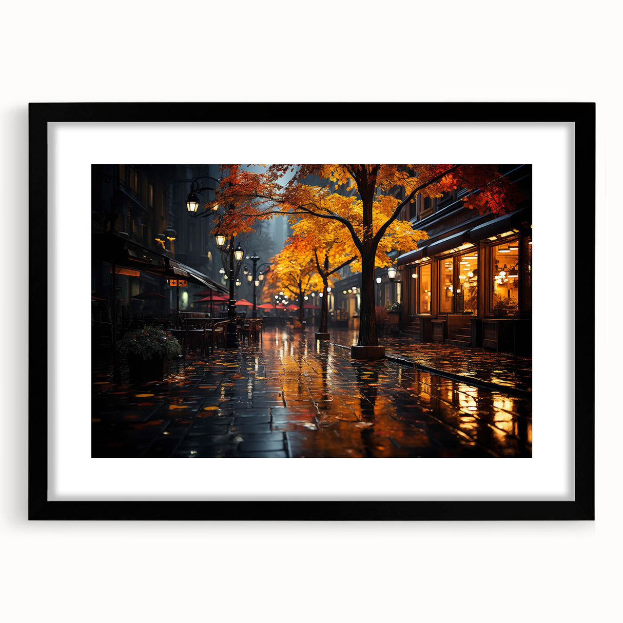 Framed wall art featuring a scenic landscape road design, presented in a sleek black frame with a white mat, perfect for modern home decor.
