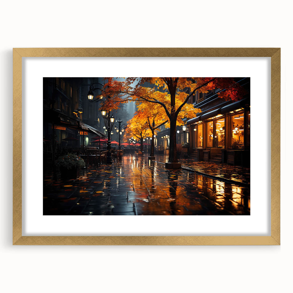 Elegant gold-framed wall art featuring a serene landscape road design, with a white mat for a polished look, perfect for home decor or office aesthetics.