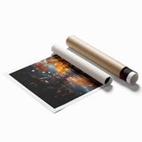 Rolled print showcasing a vibrant landscape road design, featuring rich colors and intricate details, packaged securely in a protective tube for art enthusiasts.
