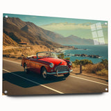 Side view of a modern acrylic glass wall art piece showcasing a vibrant landscape design, featuring winding roads and lush greenery, perfect for home decor.