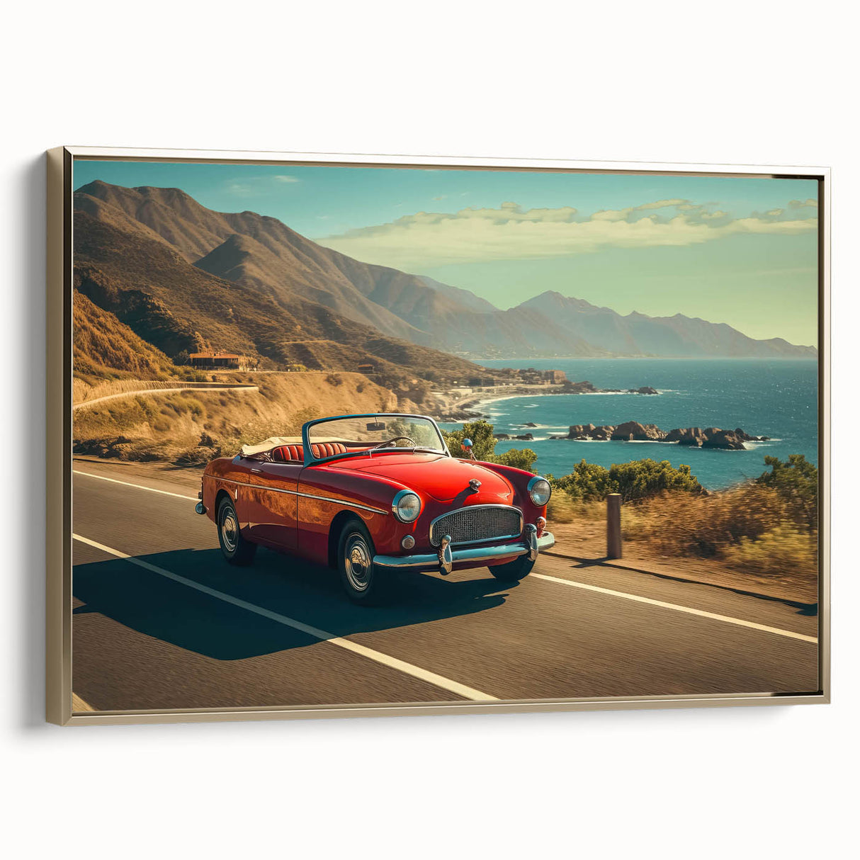 Framed canvas wall art showcasing a scenic road landscape with rich gold accents, designed to enhance modern decor and evoke a sense of adventure and tranquility.