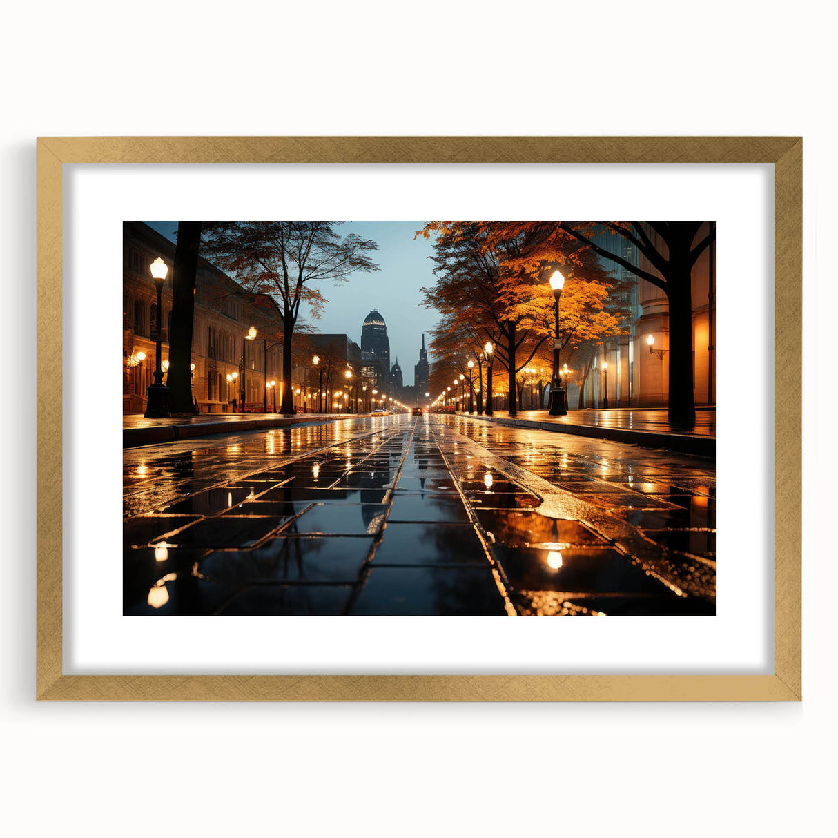 Framed wall art piece showcasing a scenic landscape with winding roads, elegantly matted and bordered in gold, perfect for home decor enhancement.