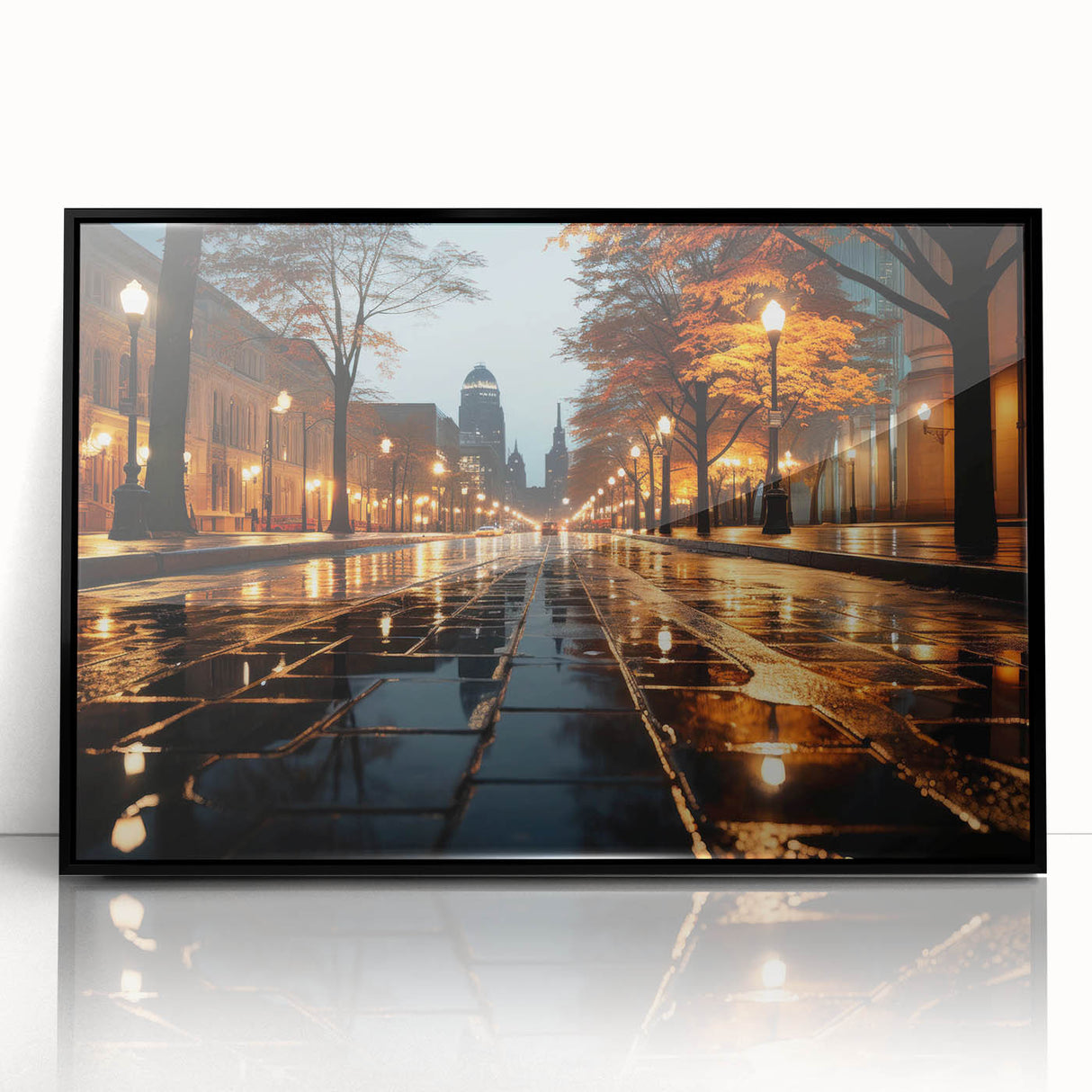 Framed wall art collection showcasing a contemporary landscape road design with black acrylic framing, perfect for modern home decor and interior styling.