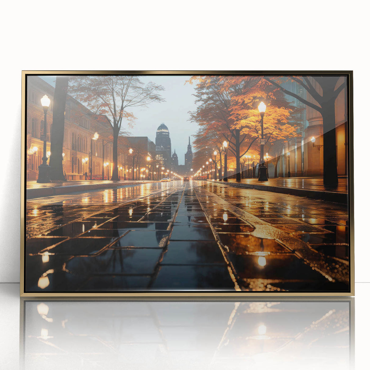 Framed acrylic wall art featuring a modern landscape design with golden accents, showcasing a serene road that evokes tranquility and elegance, ideal for home decor.