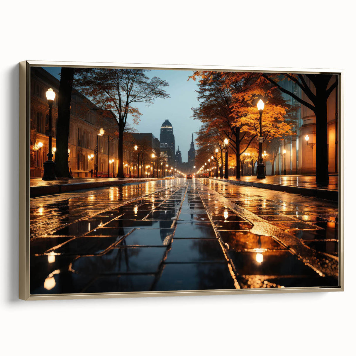 Framed canvas wall art featuring a scenic landscape with winding roads, vibrant greens, and a golden frame, ideal for modern home decor and design enthusiasts.