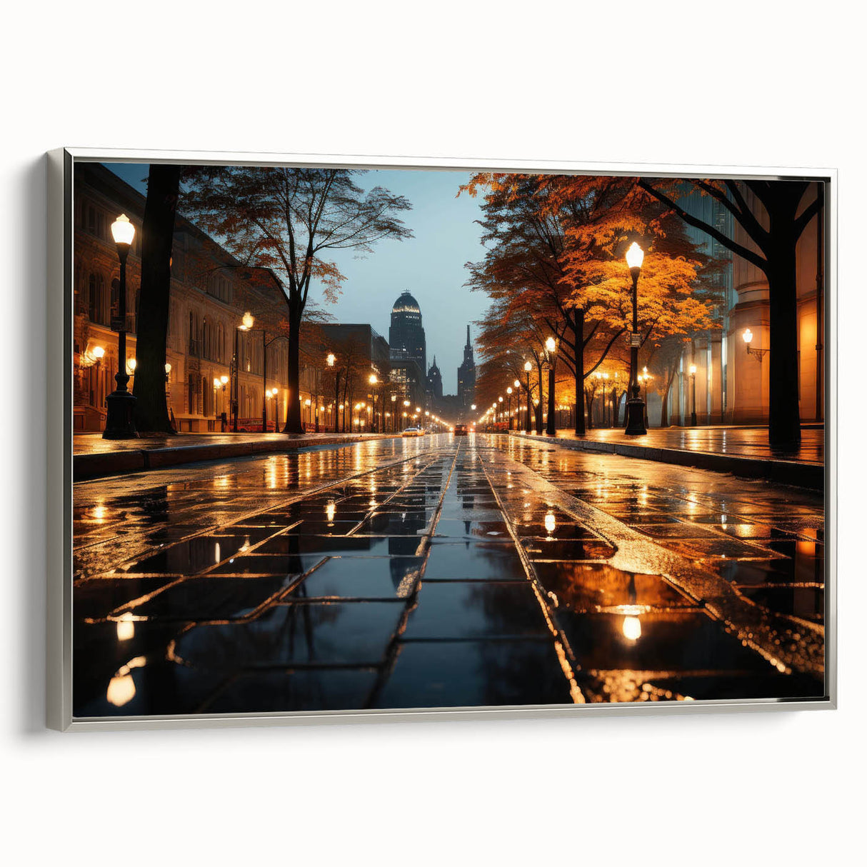 Framed canvas wall art showcasing a serene landscape road design with silver accents, perfect for adding a modern touch to home decor. Ideal for art enthusiasts.