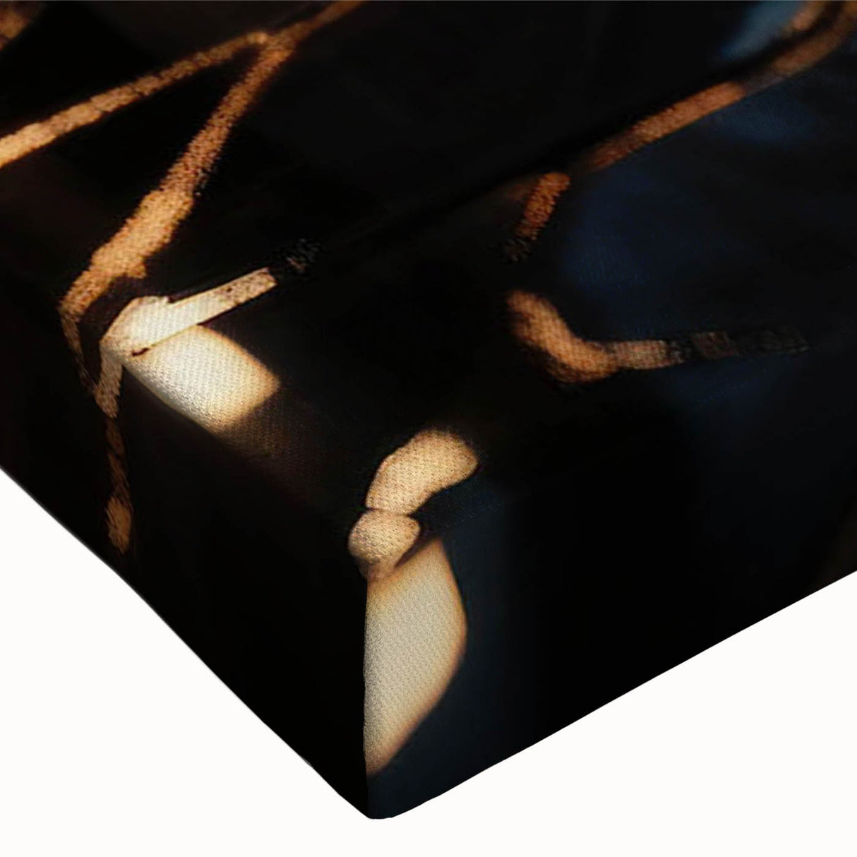 Close-up of a stretched canvas artwork depicting a serene landscape with winding roads and lush greenery, perfect for home decor and enhancing interior spaces.