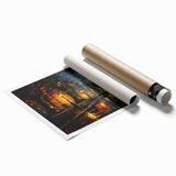 Rolled print depicting a serene landscape road design, showcasing vibrant colors and intricate details, perfect for enhancing home decor. Packaged securely in a protective tube.