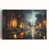 Stretched canvas artwork depicting a serene landscape road scene, showcasing rich greens and blues, perfect for modern home decor. Ideal for art enthusiasts.