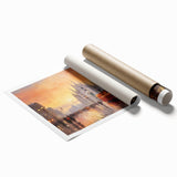 Rolled print of a scenic landscape road design featuring vibrant colors and intricate details, elegantly packaged in a protective cardboard tube for art enthusiasts.