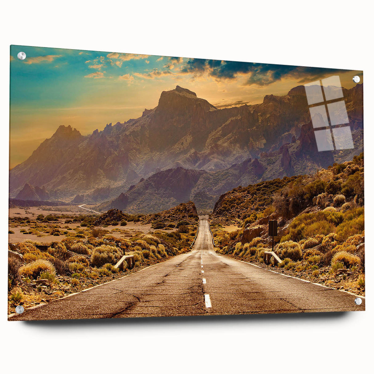 Acrylic glass wall art collection showcasing a vibrant landscape design with roads, displayed from a side view, anchored with decorative pins for stylish presentation.
