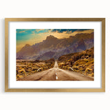 Gold-framed wall art featuring a scenic landscape design with winding roads, elegantly matted for a sophisticated presentation, ideal for home decor enhancement.