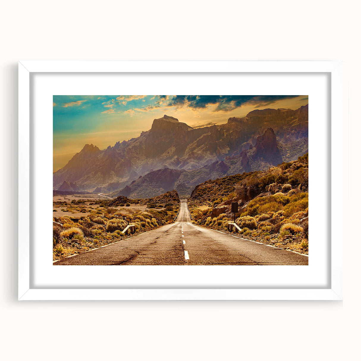 Framed wall art showcasing a serene landscape road design in a white mat, ideal for enhancing modern home decor. Perfect for art enthusiasts and interior design lovers.