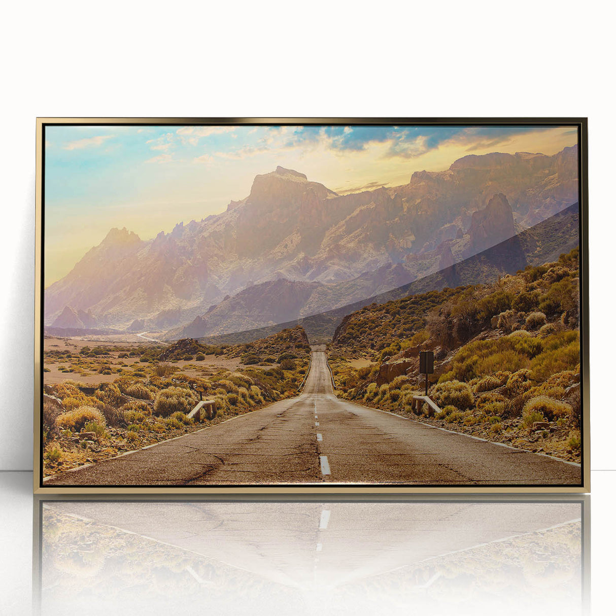 Framed acrylic wall art featuring a stunning landscape road design with gold accents, perfect for modern decor. Ideal for enhancing living spaces with elegance.