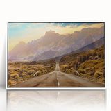 Framed acrylic wall art featuring a serene landscape with winding roads, set against a bright white background, perfect for modern home decor.