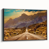 Framed canvas wall art showcasing a scenic road design with vibrant colors, perfect for home decor, displayed from a black side view in a modern setting.