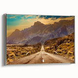 Framed canvas wall art showcasing a scenic landscape with winding roads, featuring a silver frame, perfect for modern home decor. Ideal for enhancing living spaces with nature-inspired aesthetics.