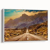 Framed canvas wall art showcasing a minimalist landscape design with winding roads and serene nature elements, presented in a sleek white frame, perfect for modern decor.