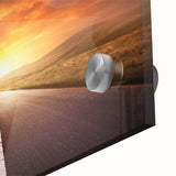 Close-up of a vibrant acrylic glass wall art piece showcasing a scenic landscape with winding roads. The artwork features rich colors and intricate details, perfect for modern home decor.